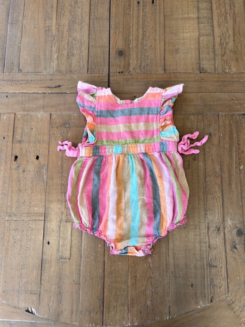 Pink chicken colorful stripe Ruffle bubble romper 3-6 months bows